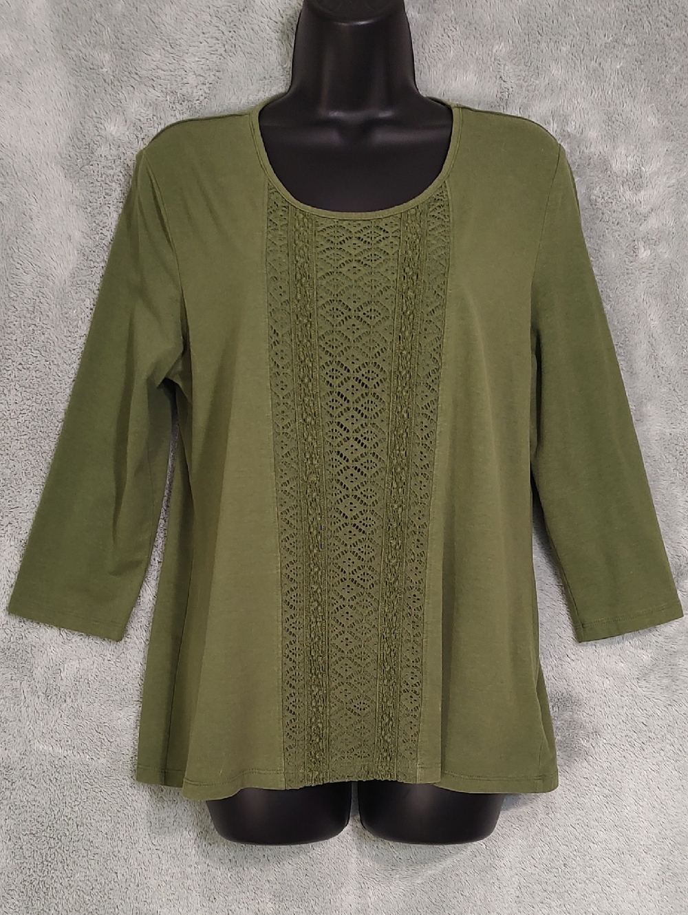 Rebecca Malone Olive Green Crochet-Front Scoop Neck Long Sleeve Top